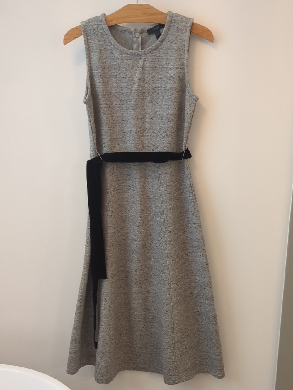 J. Crew Sleeveless Grey Dress with Black Velvet Sash